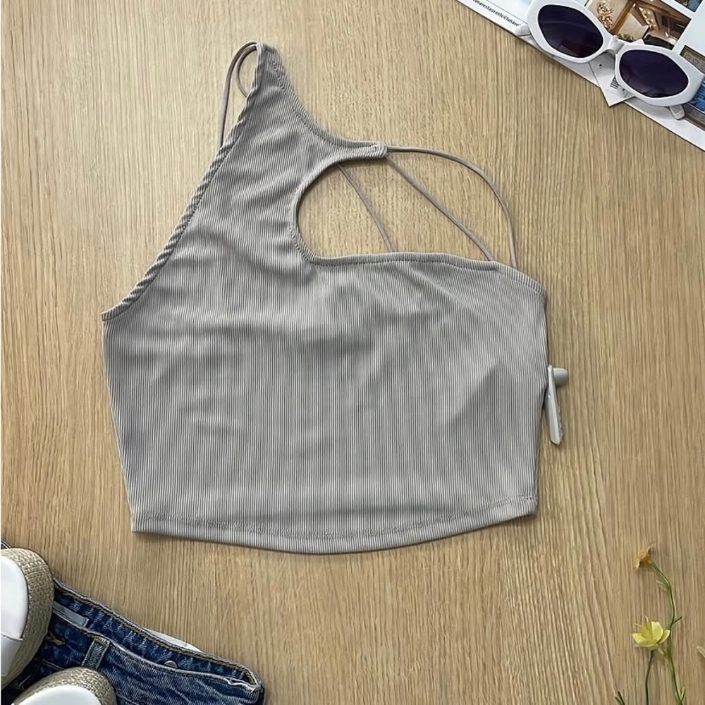 Asymmetric One-Shoulder Ribbed Crop Top - Gray